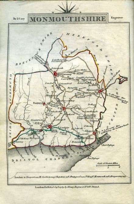 Monmouthshire County Map by John Cary 1790 - Reproduction