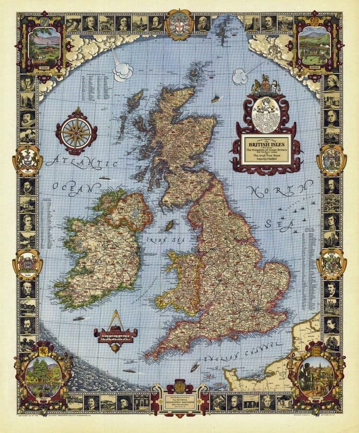 National Geographic A Modern Pilgrim's Map of the British Isles Wall Map - Pub 1937