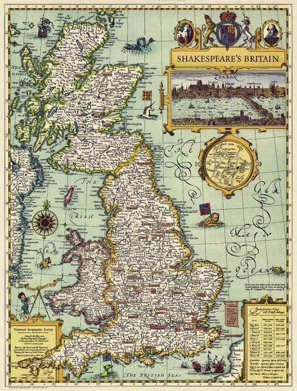 National Geographic Shakespeare Wall Map of Britain - Pub 1964