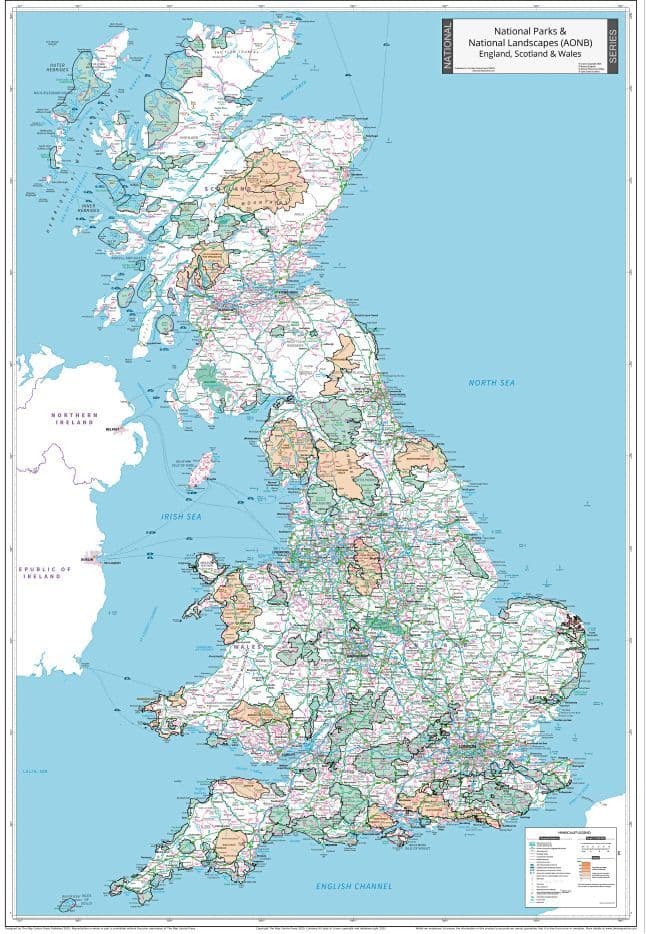 National Parks &  National Landscapes (AONB) England Scotland & Wales - Wall Map 2025 - 88 x 128cm