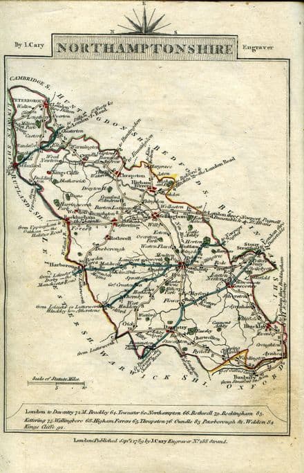 Northamptonshire County Map by John Cary 1790 - Reproduction