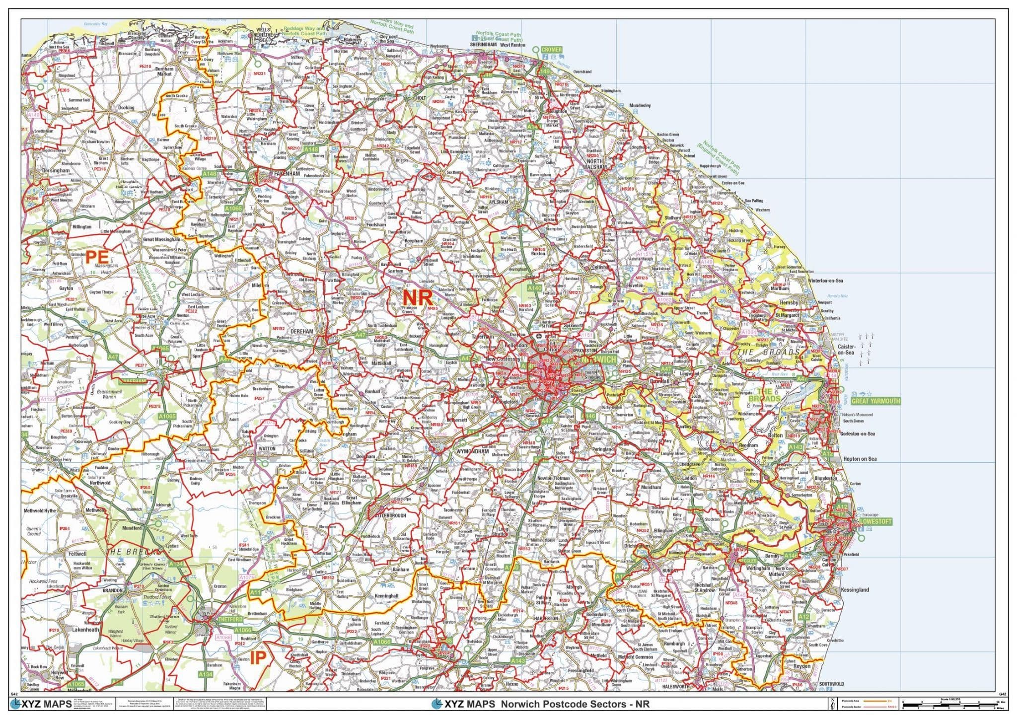 Nr Postcod Map Norwich - NR - Postcode Sector Wall Map
