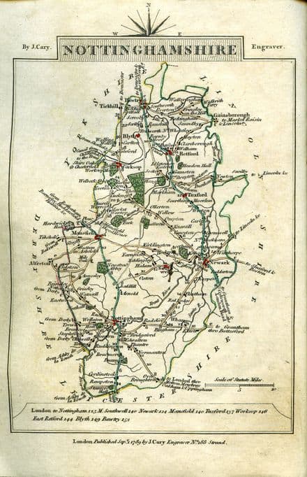 Nottinghamshire County Map by John Cary 1790 - Reproduction