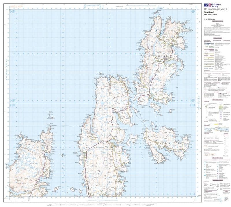 OS Landranger 01 - Shetland - Yell, Unst and Fetlar - FLAT Rolled in a Tube
