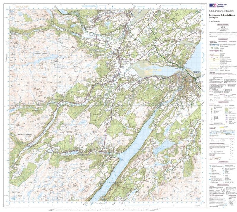 OS Landranger 026 - Inverness & Loch Ness, Strathglass - FLAT Rolled in a Tube