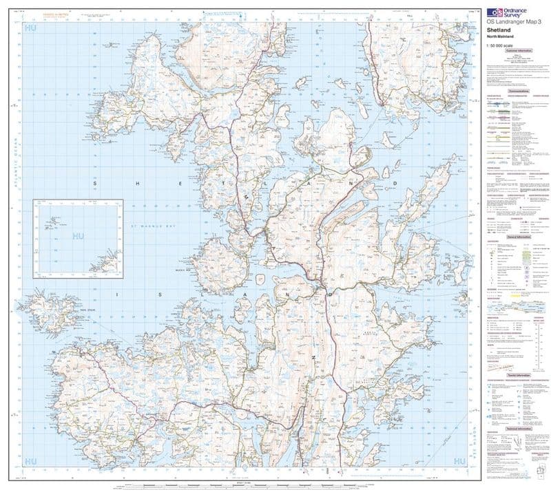 OS Landranger 03 - Shetland - North Mainland - FLAT Rolled in a Tube