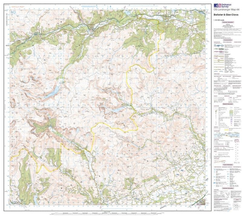 OS Landranger 044 - Ballater, Glen Clova - FLAT Rolled in a Tube