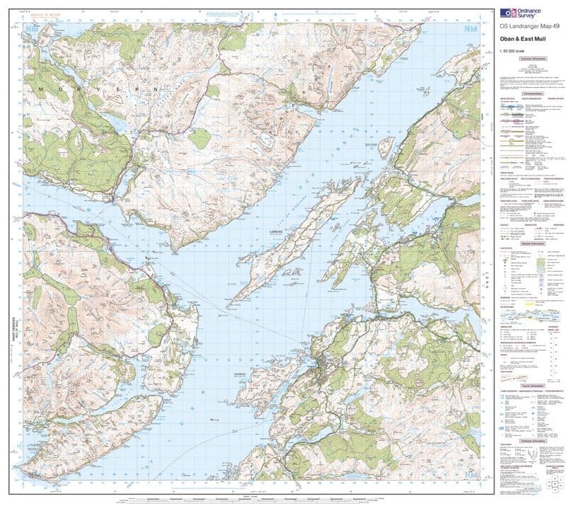 OS Landranger 049 - Oban & East Mull - FLAT Rolled in a Tube
