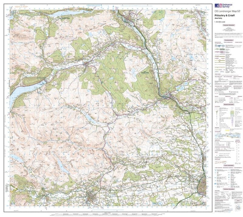 OS Landranger 052 - Pitlochry & Crieff - FLAT Rolled in a Tube