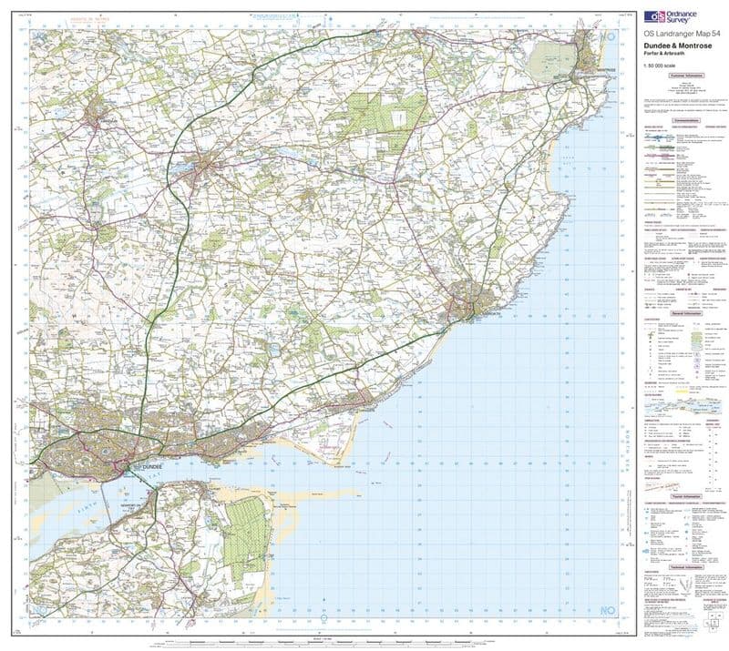 OS Landranger 054 - Dundee & Montrose, Forfar & Arbroath - FLAT Rolled in a Tube