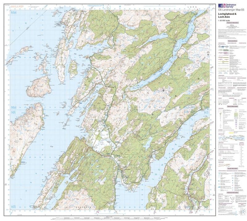 OS Landranger 055 - Lochgilphead & Loch Awe - FLAT Rolled in a Tube
