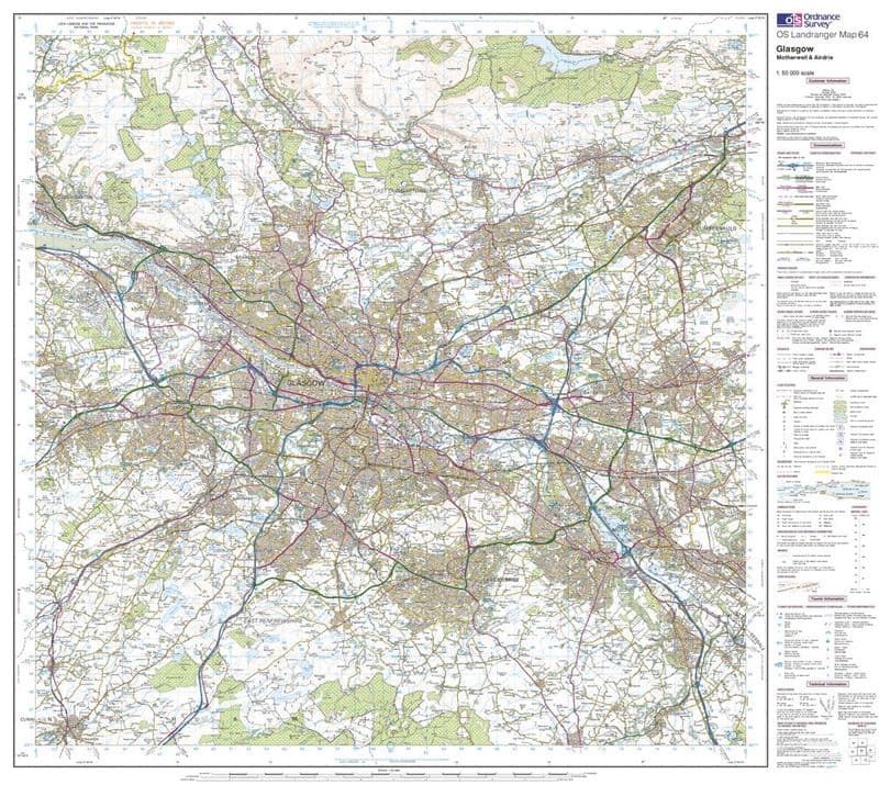 OS Landranger 064 - Glasgow, Motherwell & Airdrie - FLAT Rolled in a Tube