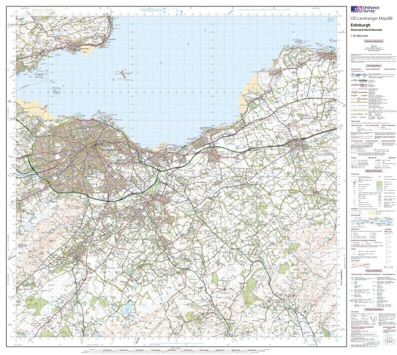 OS Landranger 066 - Edinburgh, Penicuik & North Berwick - FLAT Rolled in a Tube