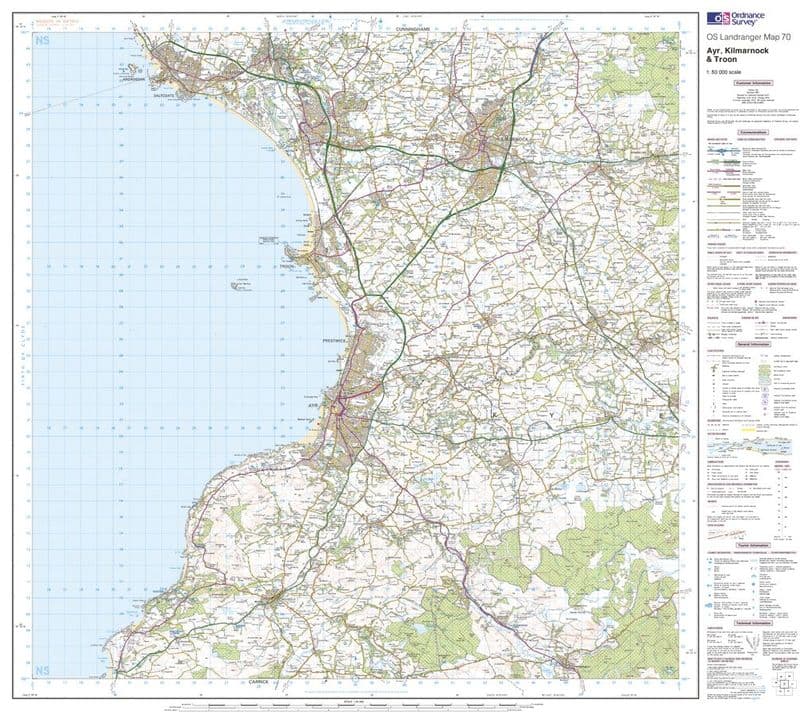 OS Landranger 070 - Ayr, Kilmarnock & Troon - FLAT Rolled in a Tube