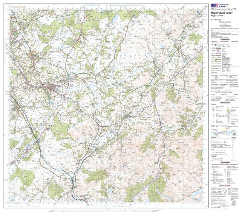 OS Landranger 072 - Upper Clyde Valley, Biggar & Lanark - FLAT Rolled in a Tube