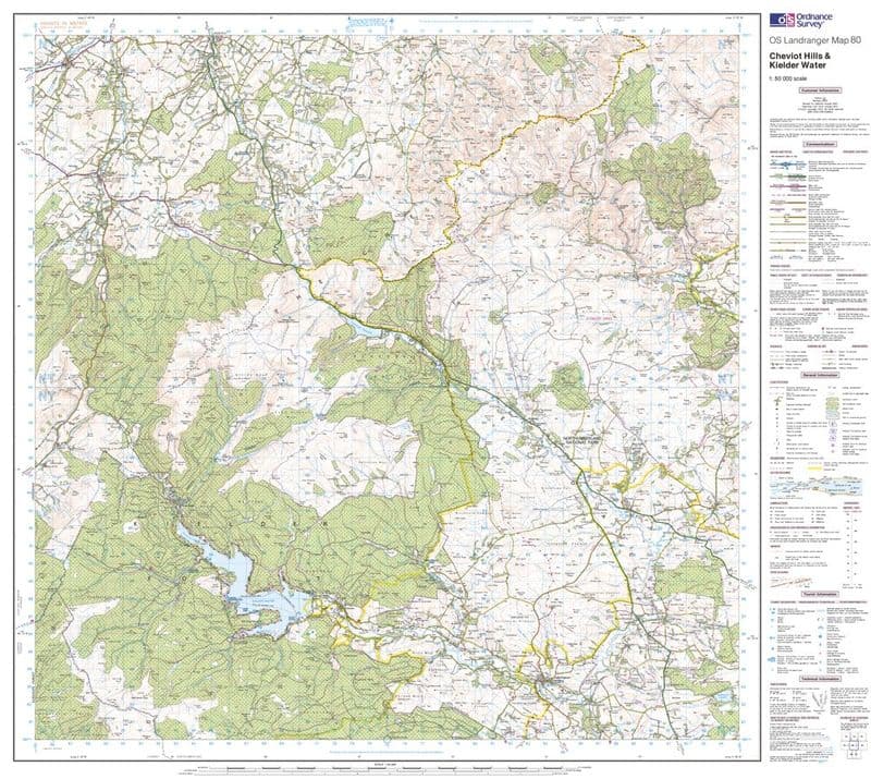 OS Landranger 080 - Cheviot Hills & Kielder Water - FLAT Rolled in a Tube