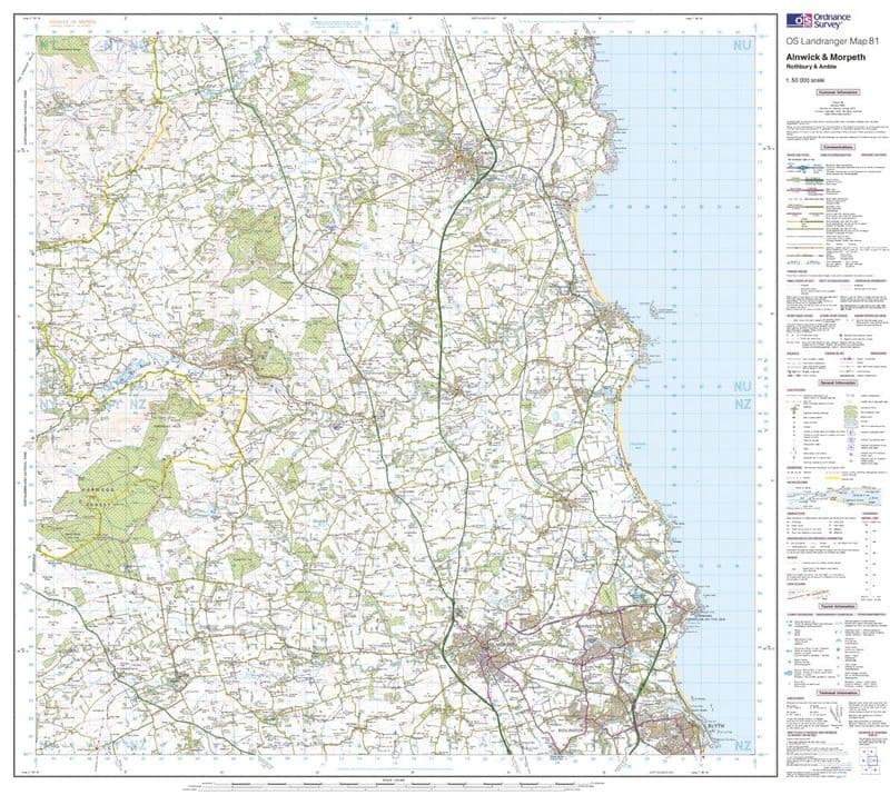 OS Landranger 081 - Alnwick & Morpeth, Rothbury & Amble - FLAT Rolled in a Tube