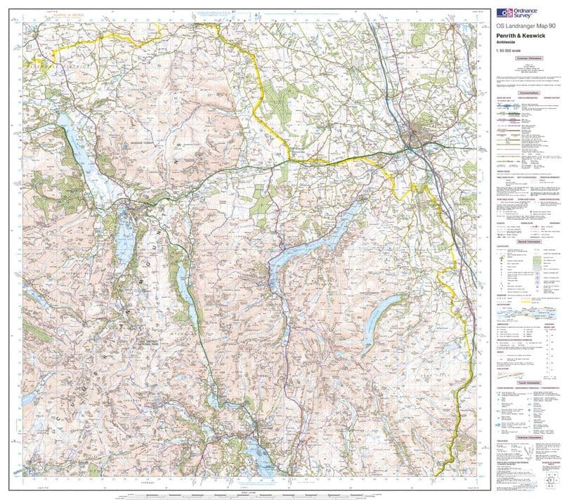 OS Landranger 090 - Penrith & Keswick, Ambleside - FLAT Rolled in a Tube