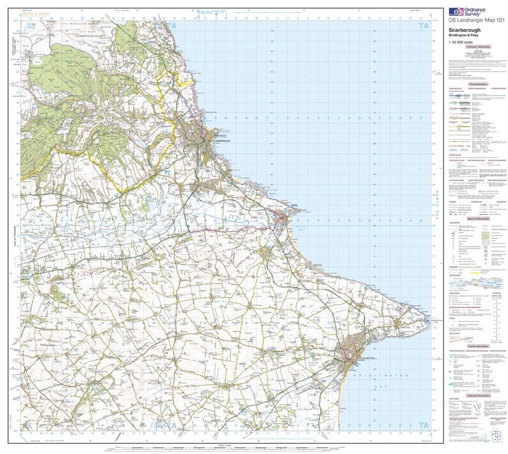 OS Landranger 101 - Scarborough Bridlington & Filey - FLAT Rolled in a Tube