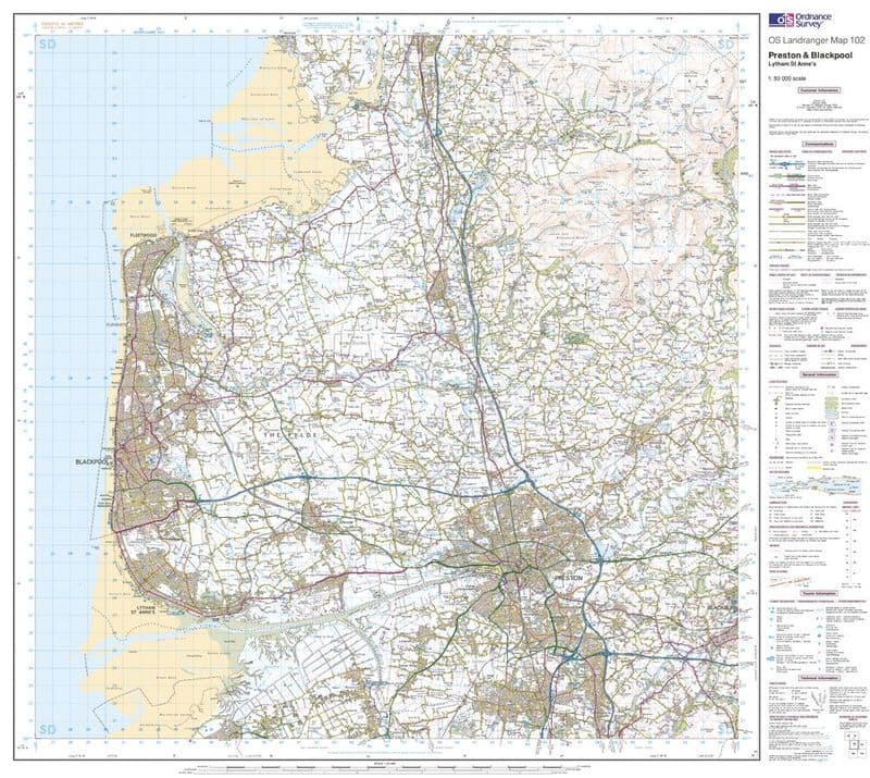 OS Landranger 102 - Preston & Blackpool, Lytham - FLAT Rolled in a Tube