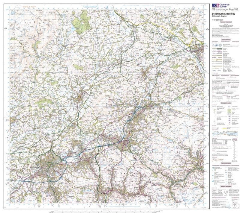 OS Landranger 103 - Blackburn & Burnley, Clitheroe & Skipton - FLAT Rolled in a Tube