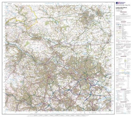 OS Landranger 104 - Leeds & Bradford, Harrogate & Ilkley - FLAT Rolled in a Tube