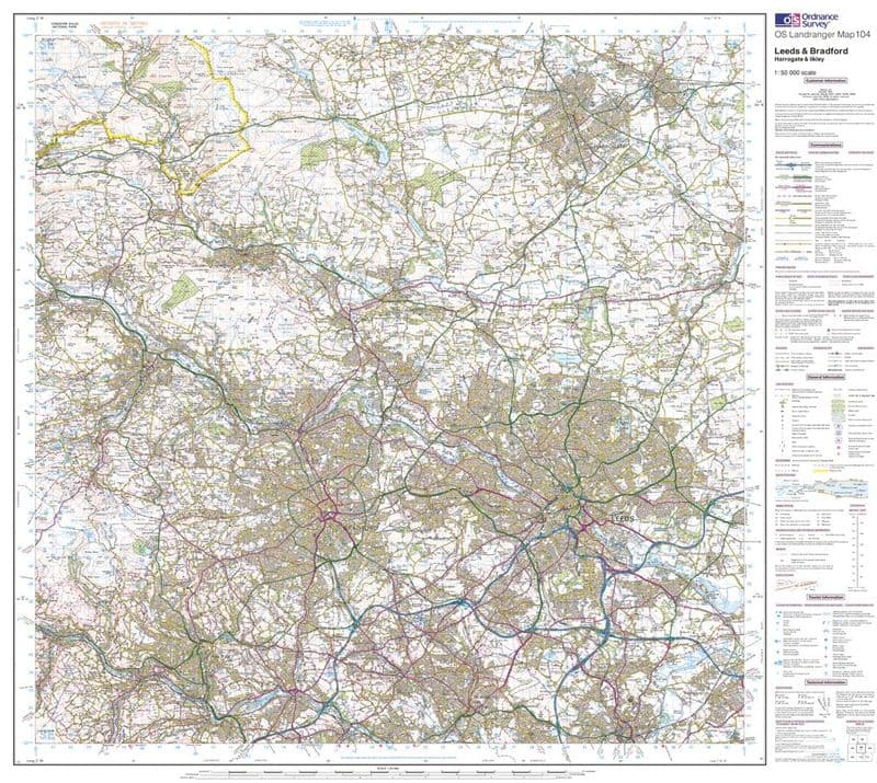 OS Landranger 104 - Leeds & Bradford, Harrogate & Ilkley - FLAT Rolled in a Tube