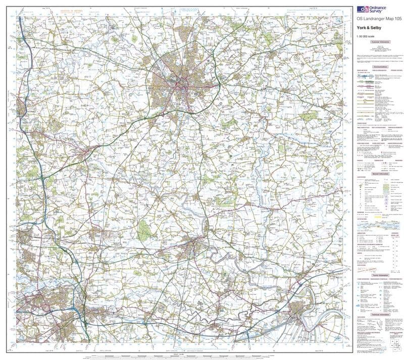 OS Landranger 105 - York & Selby - FLAT Rolled in a Tube