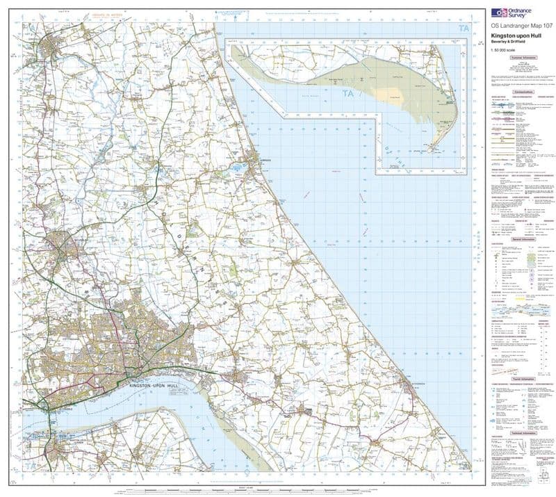 OS Landranger 107 - Kingston upon Hull, Beverley & Driffield - FLAT Rolled in a Tube
