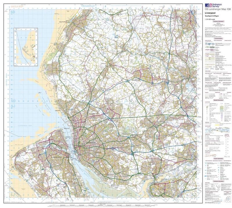 OS Landranger 108 - Liverpool, Southport & Wigan - FLAT Rolled in a Tube