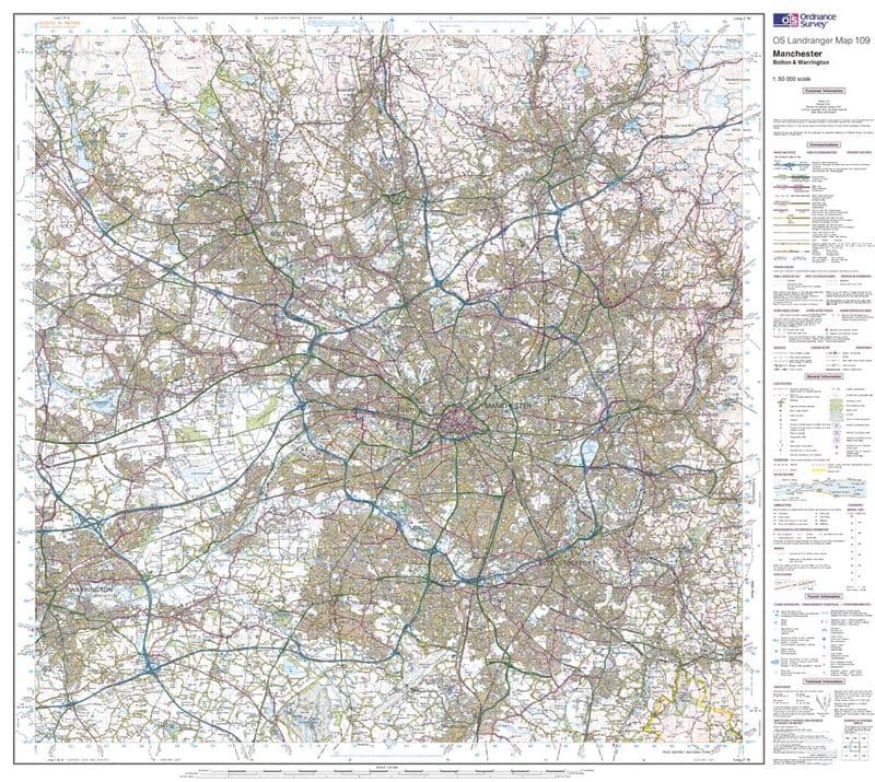 OS Landranger 109 - Manchester, Bolton & Warrington - FLAT Rolled in a Tube