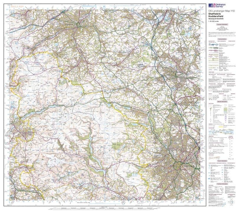 OS Landranger 110 - Sheffield & Huddersfield, Glossop & Holmfirth - FLAT Rolled in a Tube