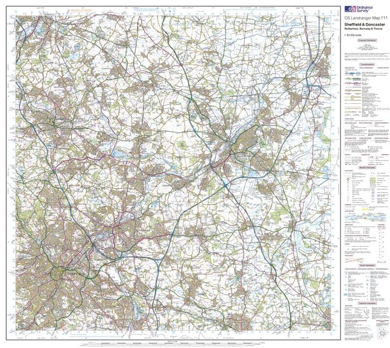 OS Landranger 111 - Sheffield & Doncaster, Rotherham, Barnsley & Thorne - FLAT Rolled in a Tube