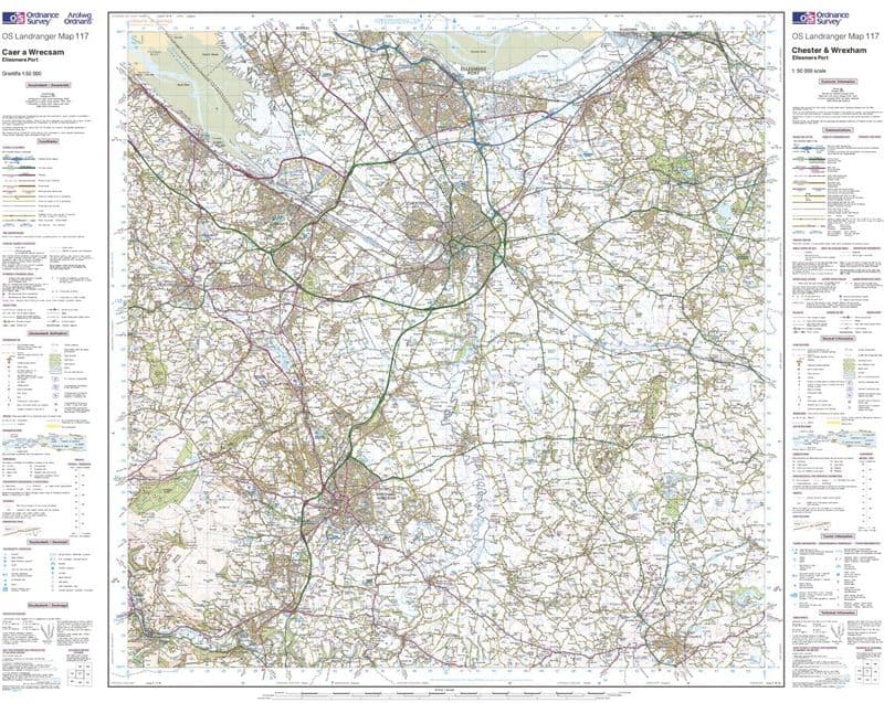 OS Landranger 117 - Chester & Wrexham, Ellesmere Port - FLAT Rolled in a Tube