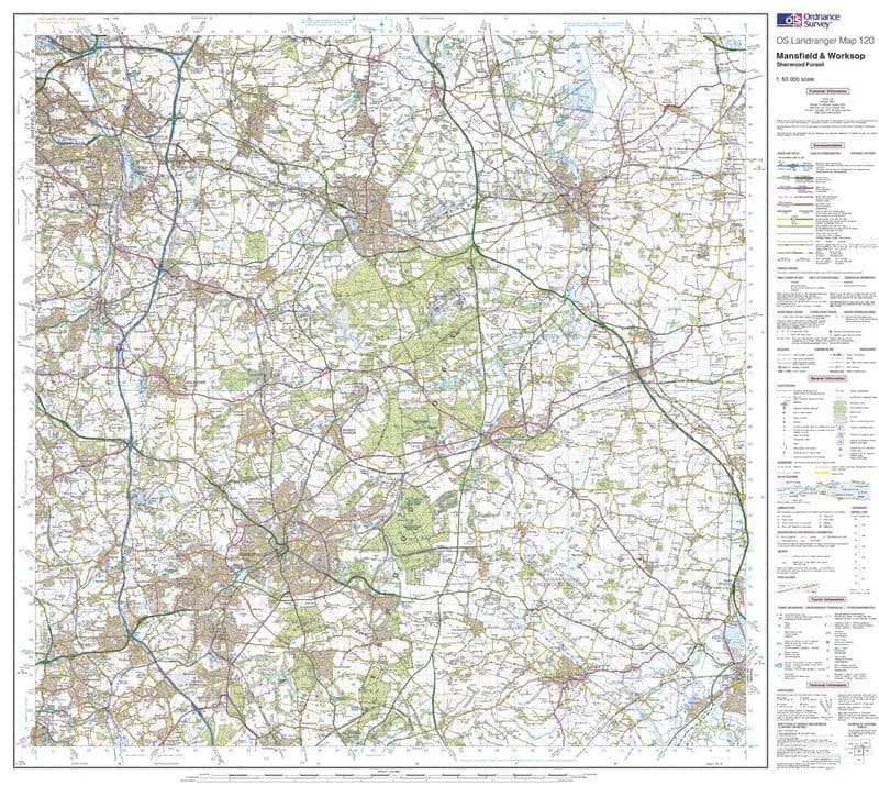 OS Landranger 120 - Mansfield & Worksop, Sherwood Forest - FLAT Rolled in a Tube