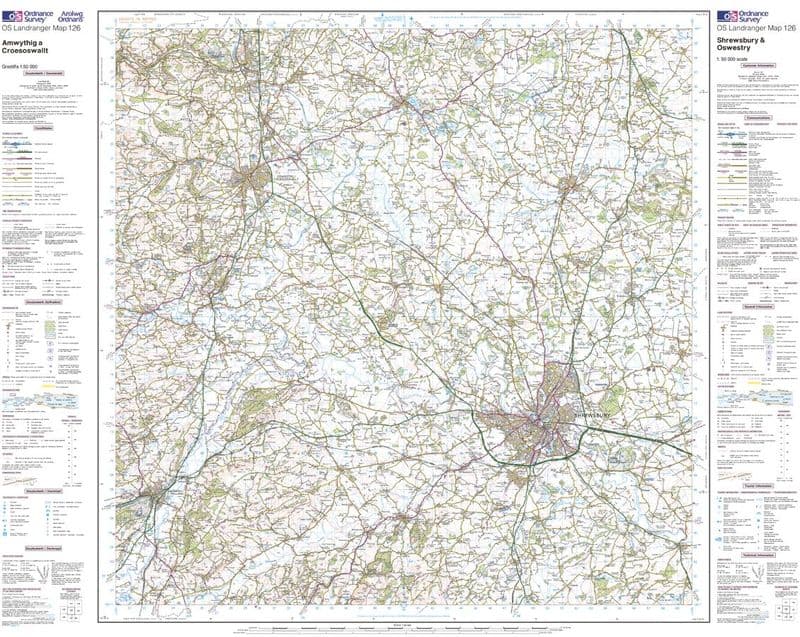 OS Landranger 126 - Shrewsbury & Oswestry - FLAT Rolled in a Tube