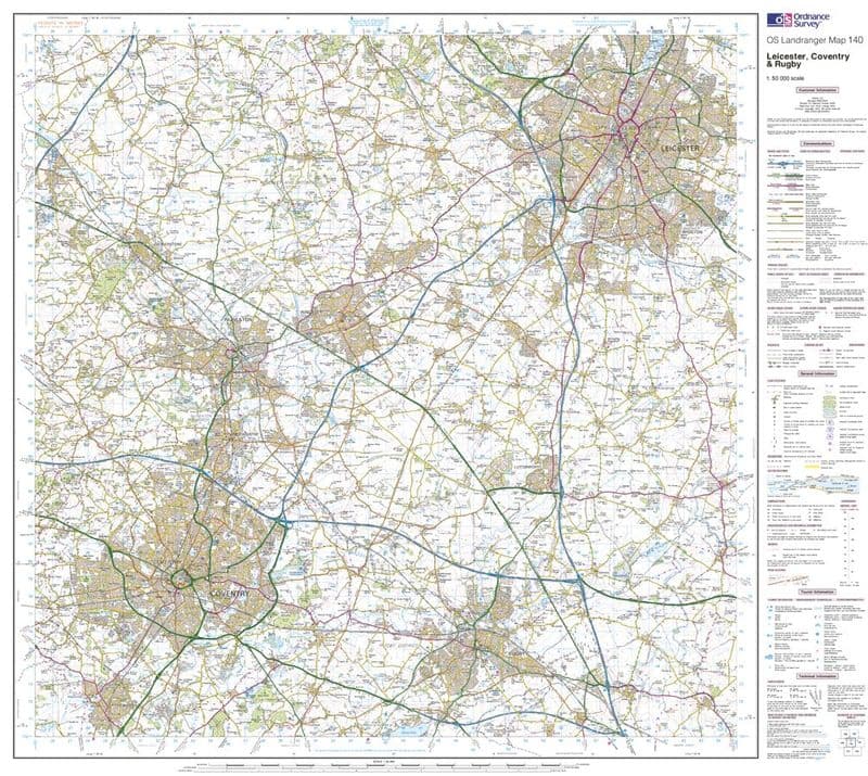 OS Landranger 140 - Leicester, Coventry & Rugby - FLAT Rolled in a Tube
