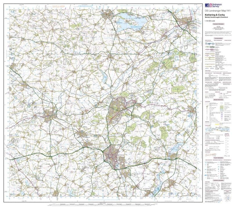 OS Landranger 141 - Kettering & Corby - FLAT Rolled in a Tube