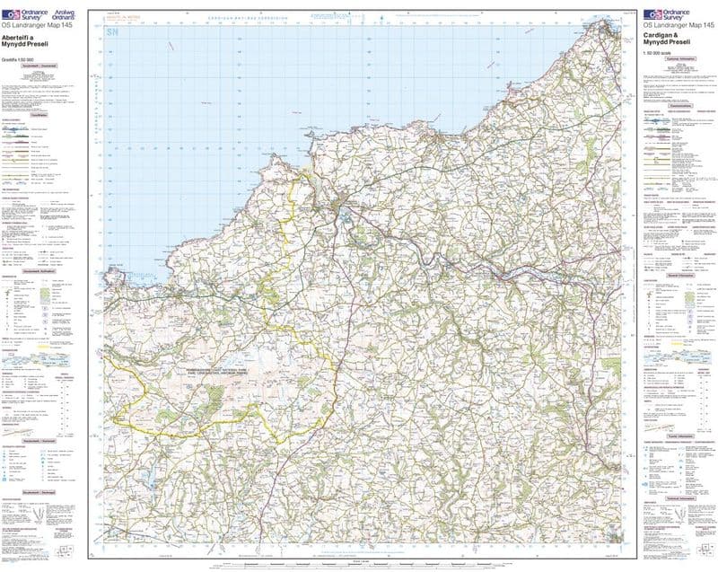 OS Landranger 145 - Cardigan & Mynydd Preseli - FLAT Rolled in a Tube