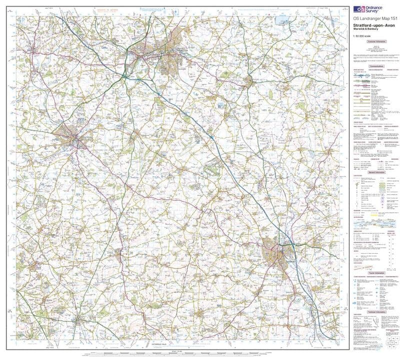 OS Landranger 151 - Stratford-upon-Avon, Warwick & Banbury - FLAT Rolled in a Tube