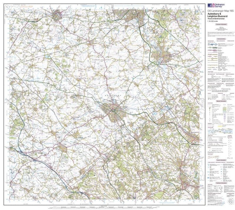 OS Landranger 165 - Aylesbury, Leighton Buzzard, Thame & Berkhamstead - FLAT Rolled in a Tube