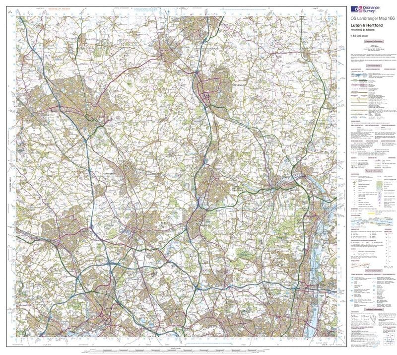 OS Landranger 166 - Luton, Hertford, Hitchin & St Albans - FLAT Rolled in a Tube