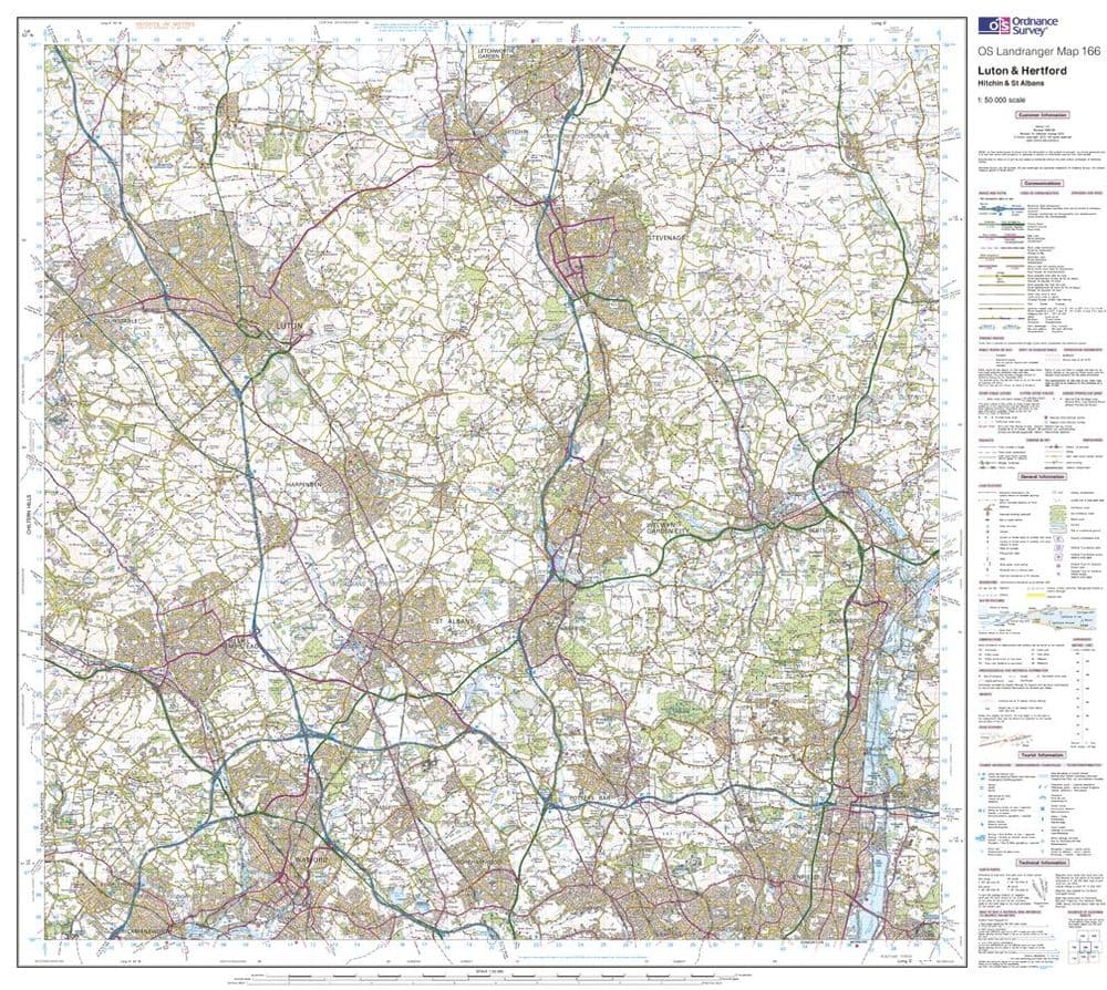 Os Map 162 OS Landranger 166 - Luton Hertford Hitchin & St Albans - FLAT Rolled in ...