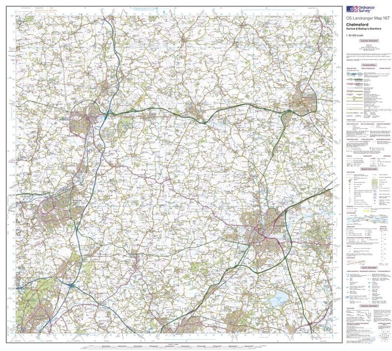 OS Landranger 167 - Chelmsford, Harlow & Bishop's Stortford - FLAT Rolled in a Tube