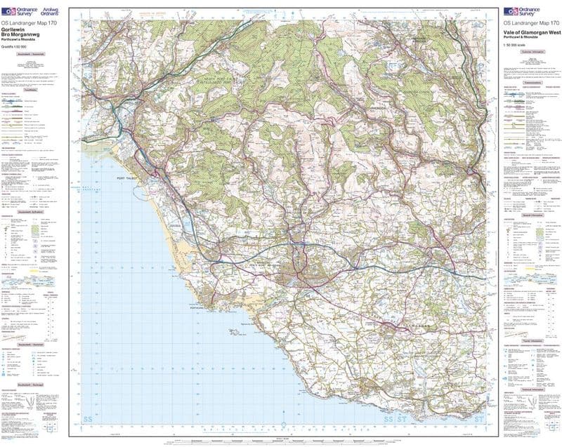 OS Landranger 170 - Vale of Glamorgan, Rhondda & Porthcawl - FLAT Rolled in a Tube