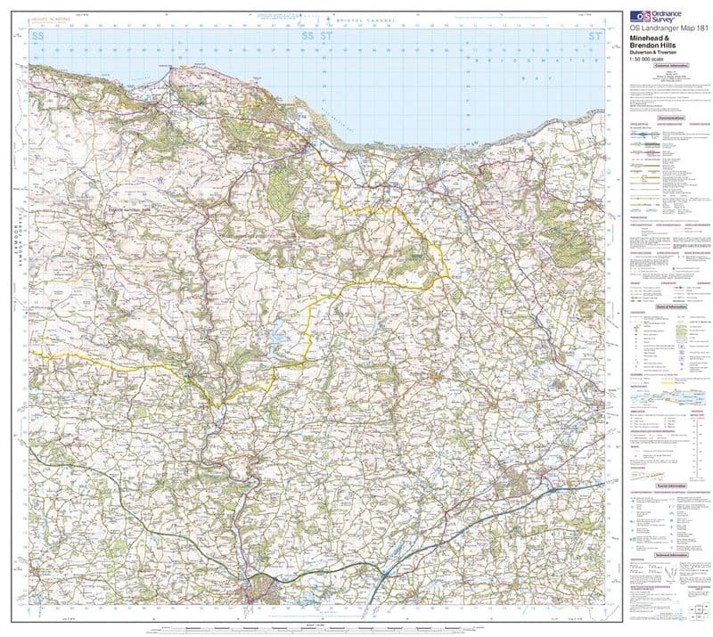 OS Landranger 181 - Minehead & Brendon Hills, Dulverton & Tiverton - FLAT Rolled in a Tube
