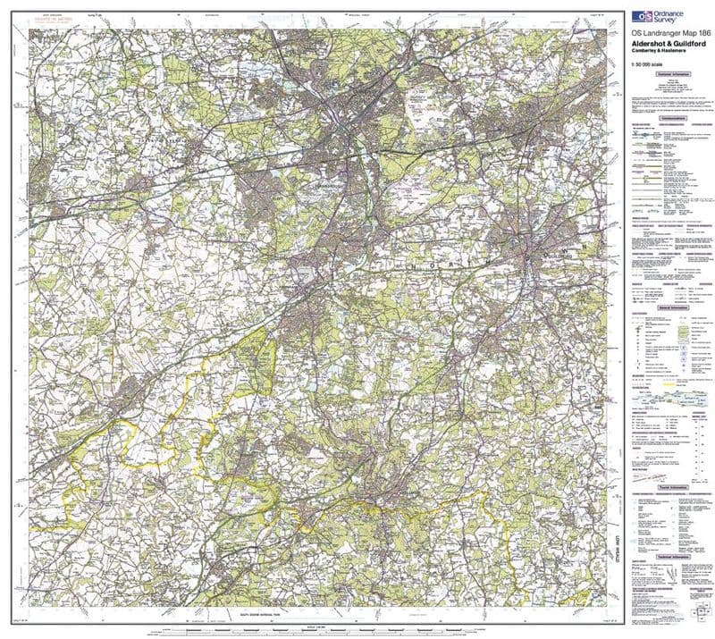 OS Landranger 186 - Aldershot & Guildford, Camberley & Haslemere - FLAT Rolled in a Tube