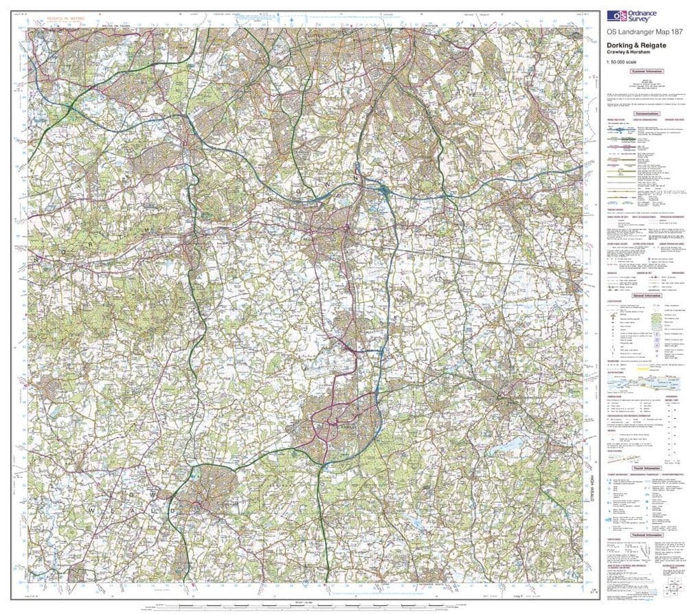OS Landranger 187 - Dorking Reigate & Crawley - FLAT Rolled in a Tube
