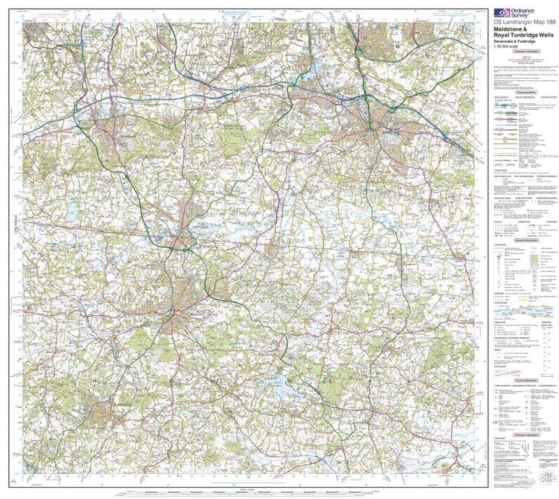 OS Landranger 188 - Maidstone & Royal Tunbridge Wells - FLAT Rolled in a Tube