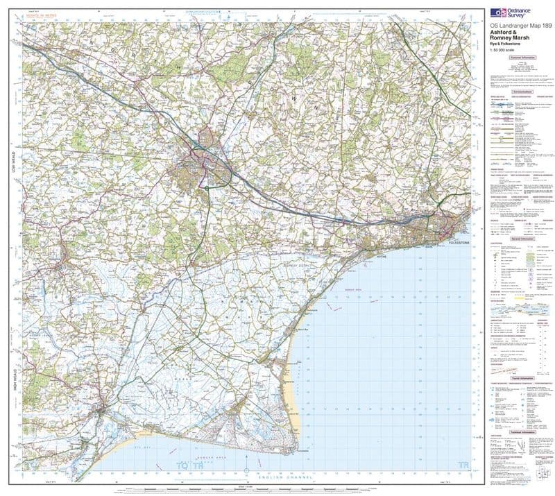OS Landranger 189 - Ashford & Romney Marsh, Rye & Folkestone - FLAT Rolled in a Tube